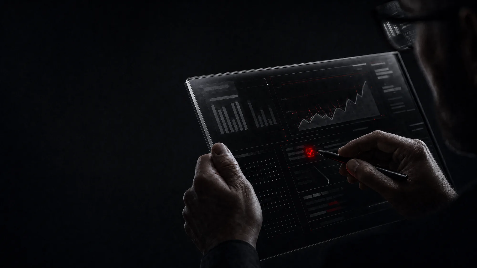 Manos revisando en pantalla, con una marca roja sobre el punto que se aprueba: ninguna entrega sale sin que una persona la apruebe