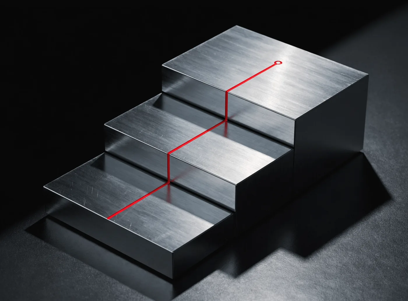 Tres escalones de metal ascendentes con una línea roja que los recorre y termina en una marca precisa: un ciclo corto que cierra